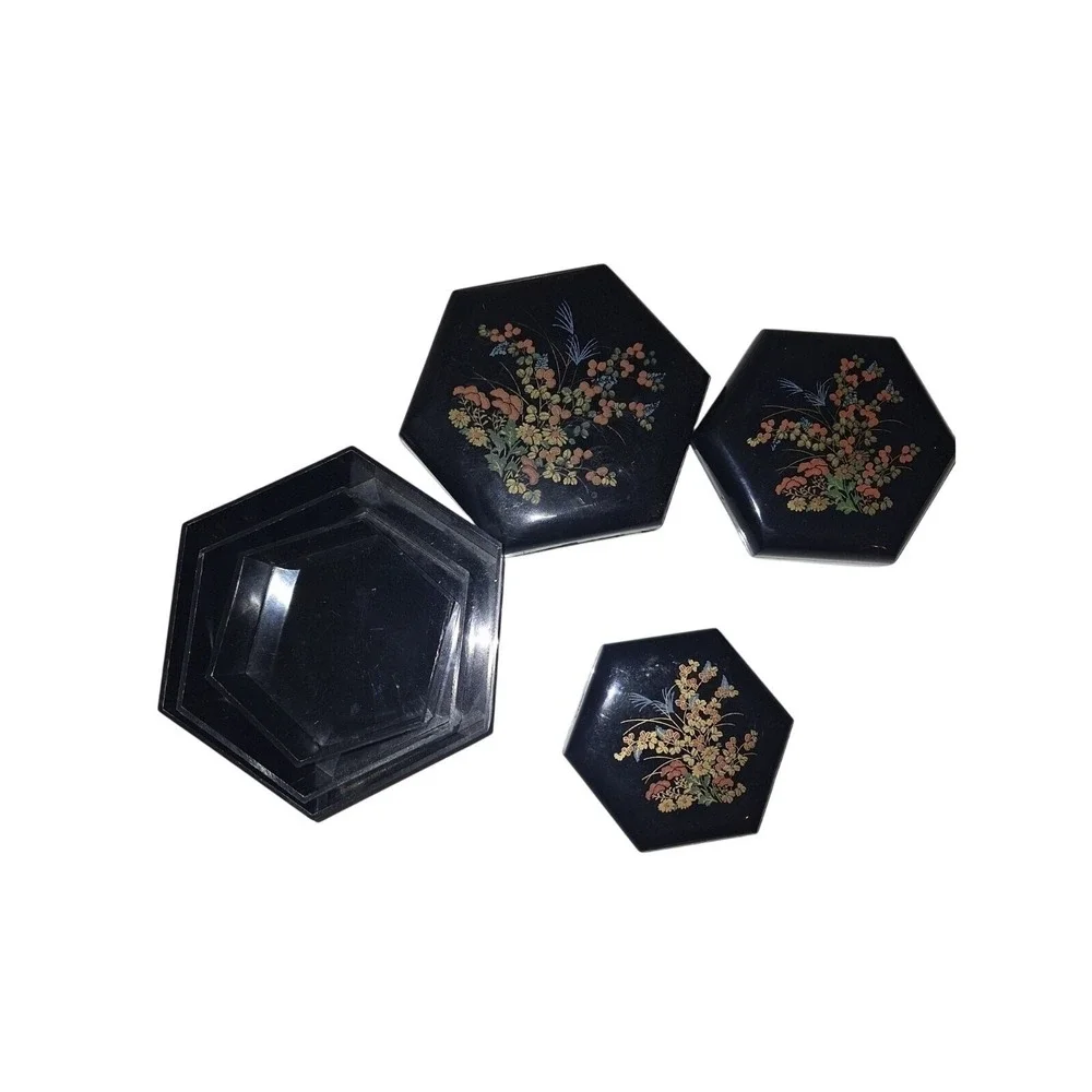 Vintage 80s Made In Hong Kong Nesting Jewelry Black Floral Boxes Trinket Boxes - Picture 3 of 5